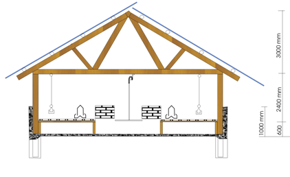 Poultry house with 1/3 deep litter and 2/3 slatted floor for 1100 to 1200 layers